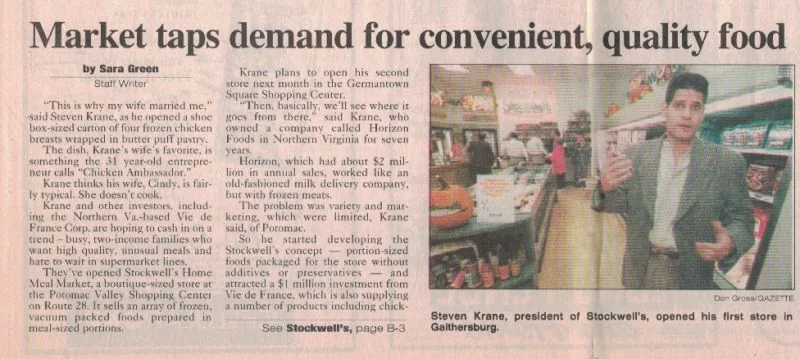 Newspaper clipping about Steven Krane's frozen prepared-meal stores
